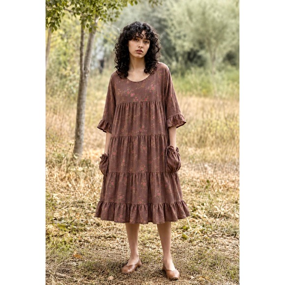 Heart's Desire by Mary Grace Dresses & Skirts - Heart's Desire Linen Floral Tiered Dress XXL Brown Cottagecore Lagenlook Boho